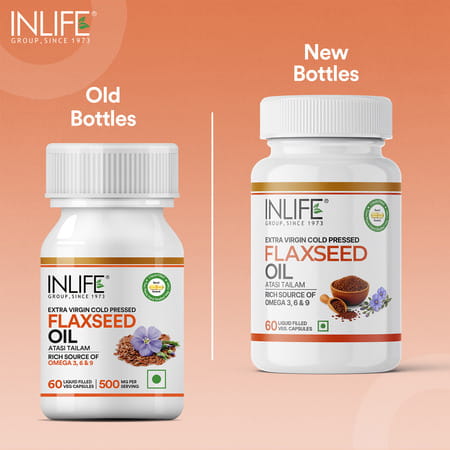 Inlife Flaxseed Oil Omega 3 6 9 Supplement Extra Virgin Cold Pressed 500 Mg - 60 Veg Capsules
