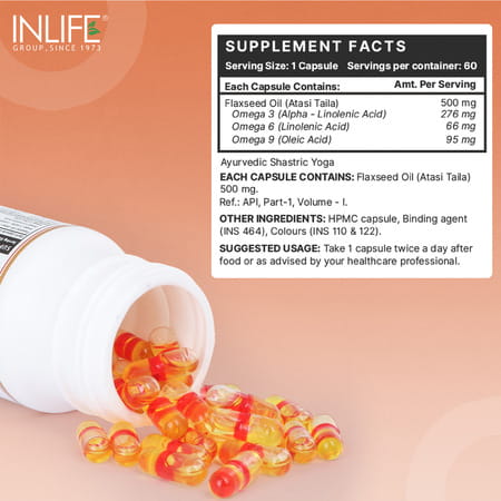 Inlife Flaxseed Oil Omega 3 6 9 Supplement Extra Virgin Cold Pressed 500 Mg - 60 Veg Capsules