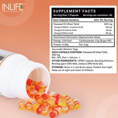 Inlife Flaxseed Oil Omega 3 6 9 Supplement Extra Virgin Cold Pressed 500 Mg - 60 Veg Capsules