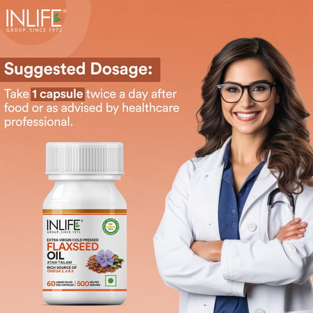 Inlife Flaxseed Oil Omega 3 6 9 Supplement Extra Virgin Cold Pressed 500 Mg - 60 Veg Capsules