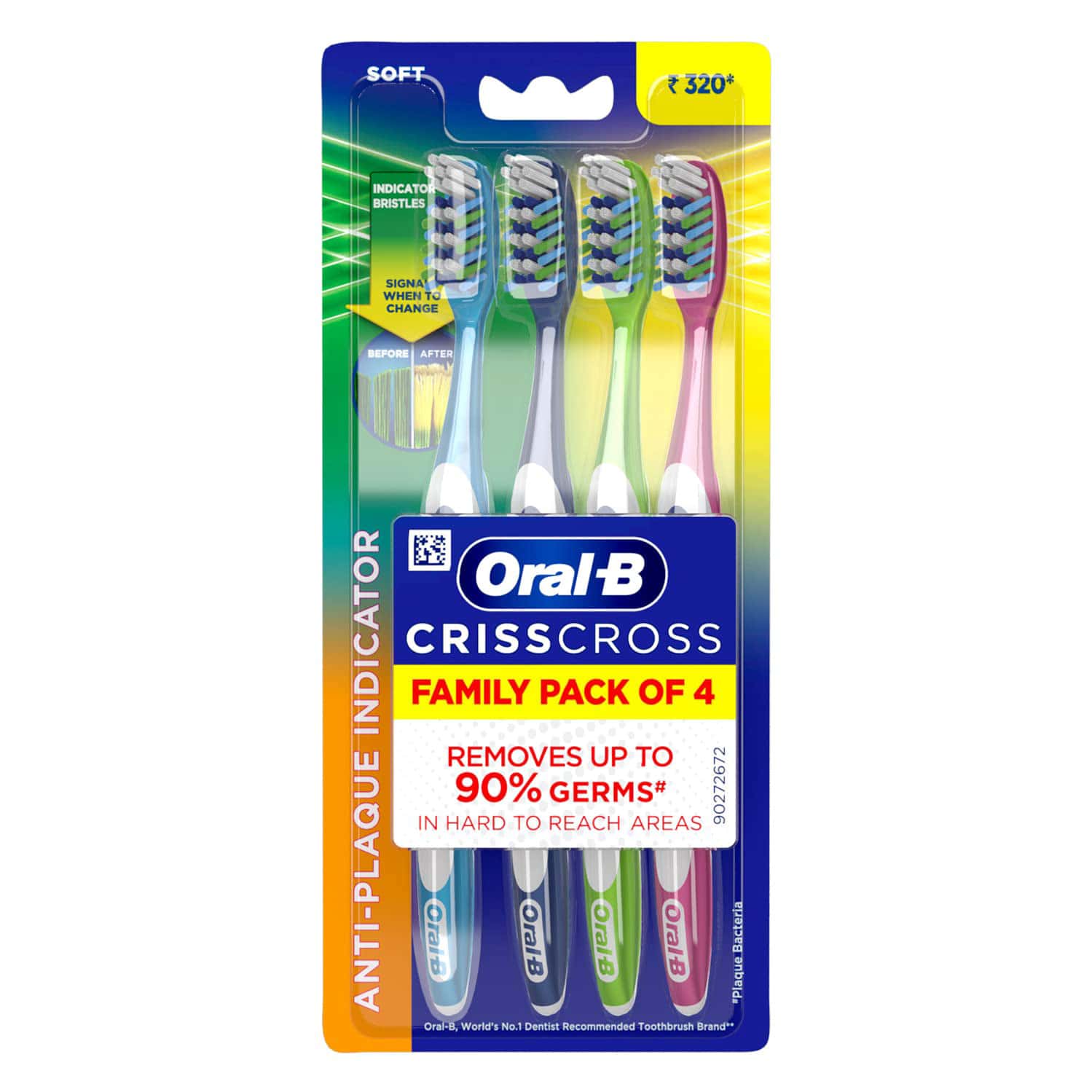 Oral-B Criss Cross - Family Pack Of 4 Toothbrushes Soft | For Adults | Manual | Multicolor