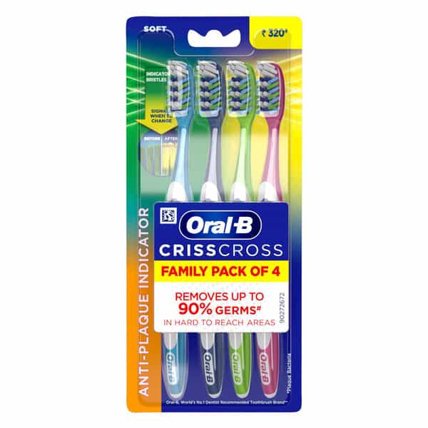Oral-B Criss Cross - Family Pack Of 4 Toothbrushes Soft | For Adults | Manual | Multicolor