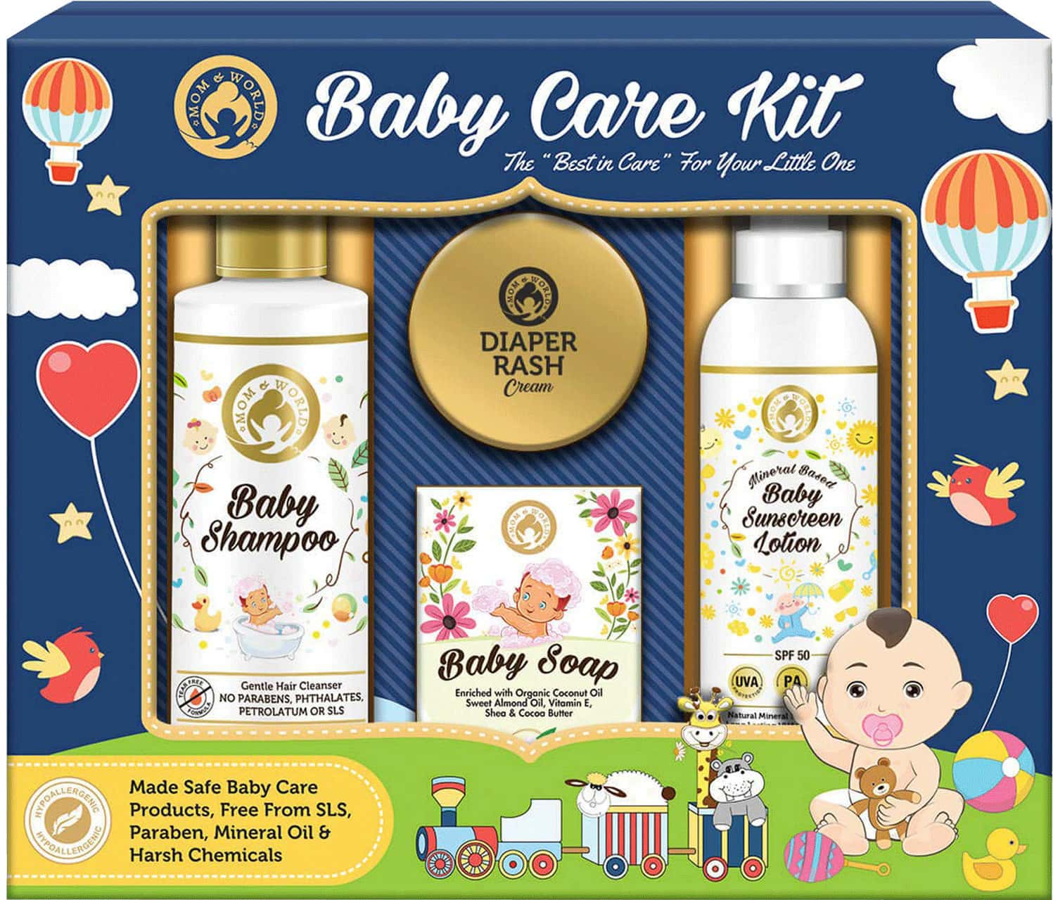 Mom & World Baby Care Collection Gift Pack-Shampoo Soap | Baby Sunscreen Lotion | Diaper Rash Cream
