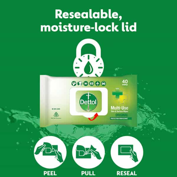 Dettol Disinfectant Sanitizer Wet Wipes For Skin & Surfaces Original - 40 Count