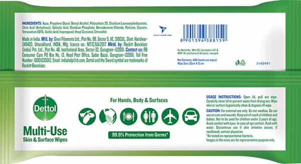 Dettol Disinfectant Sanitizer Wet Wipes For Skin & Surfaces Original - 40 Count