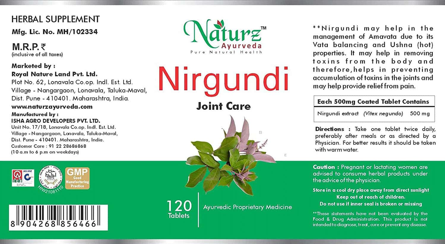 Buy NATURZ AYURVEDA NIRGUNDI 120 TABLETS Online & Get Upto 60 OFF at PharmEasy