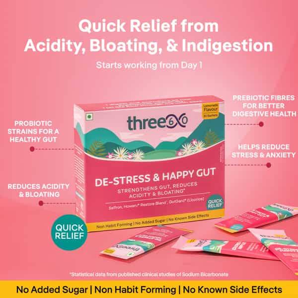 Three60 De-Stress & Happy Gut: Experience Quick Relief From Acidity And Bloating