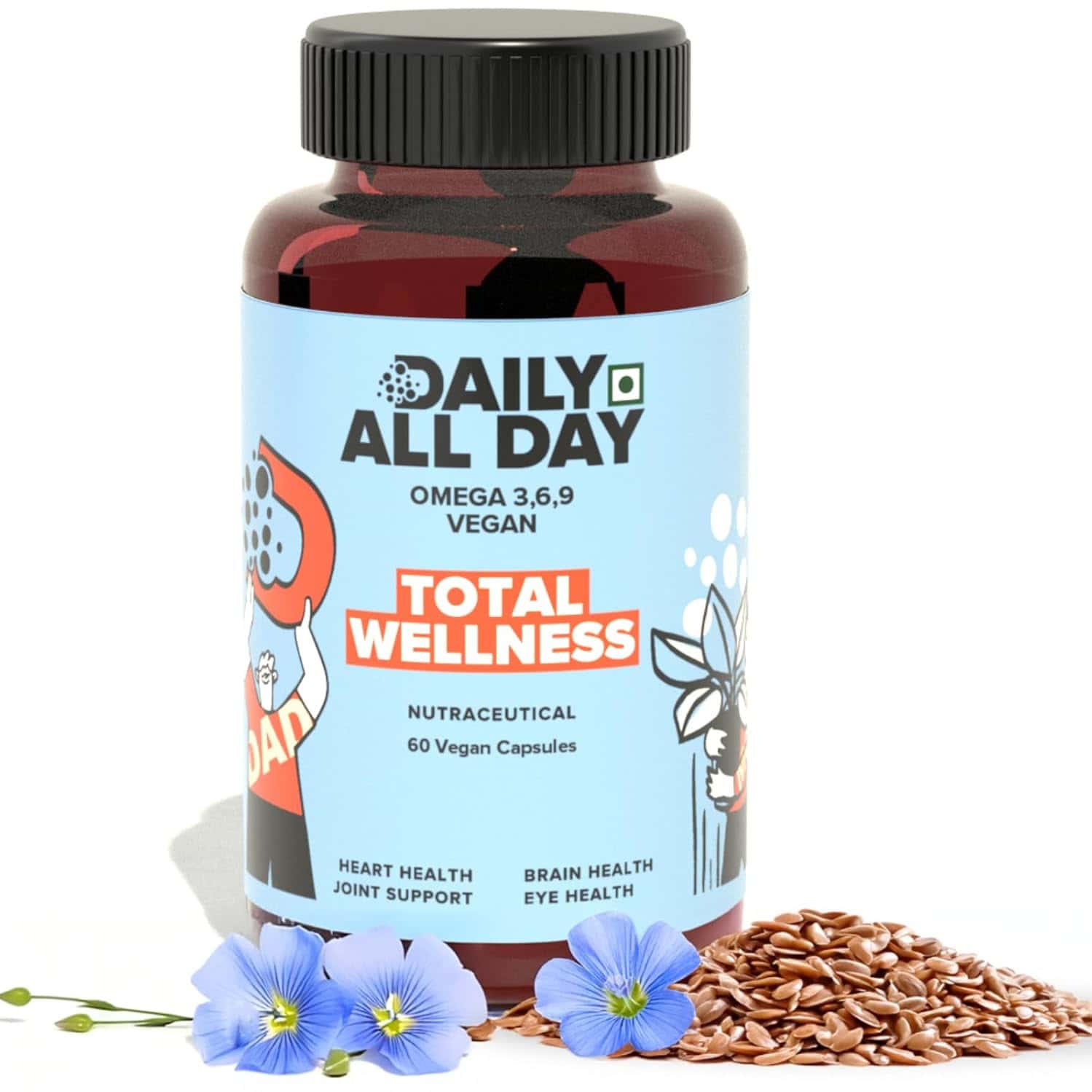 Daily All Day Omega 3 6 9 Vegetarian Capsule Supplement | 1000mg | 60 Capsules