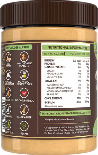 Alpino Organic Natural Peanut Butter Crunch 400 G | Unsweetened | 30G Protein | 100% Roasted Peanut