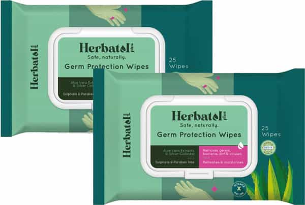 Herbatol Plus Germ Protection Wipes | Safe On Skin - Aloe Vera Extracts - 25 Wipes (Pack Of 2)