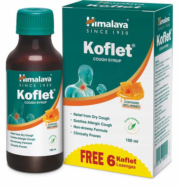 Himalaya Koflet Cough Syrup + 6 Lozenges Free For Cough & Throat Relief |Herbal |Non Drowsy | 100Ml