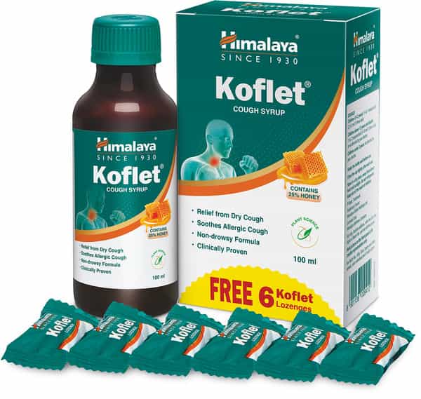 Himalaya Koflet Cough Syrup + 6 Lozenges Free For Cough & Throat Relief |Herbal |Non Drowsy | 100Ml