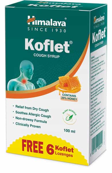Himalaya Koflet Cough Syrup + 6 Lozenges Free For Cough & Throat Relief |Herbal |Non Drowsy | 100Ml
