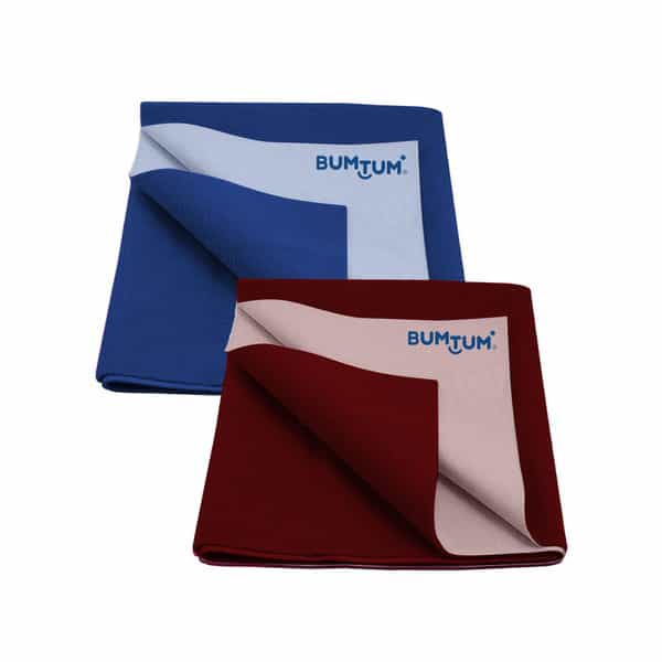 Bumtum Dry Sheet Leakproof Baby Bed Protector (Royal Blue + Maroon Small Size 50*70Cm|Pack Of 2)