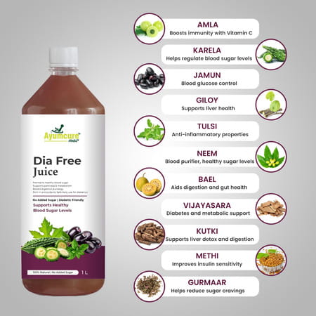 Ayumcure Dia Free Juice | Blood Sugar Control | With Karela Jamun Amla Giloy Tulsi & More | 1ltr