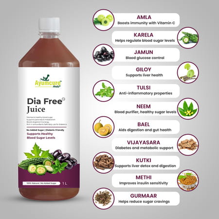 Ayumcure Dia Free Juice | Blood Sugar Control | With Karela Jamun Amla Giloy Tulsi & More | 1ltr
