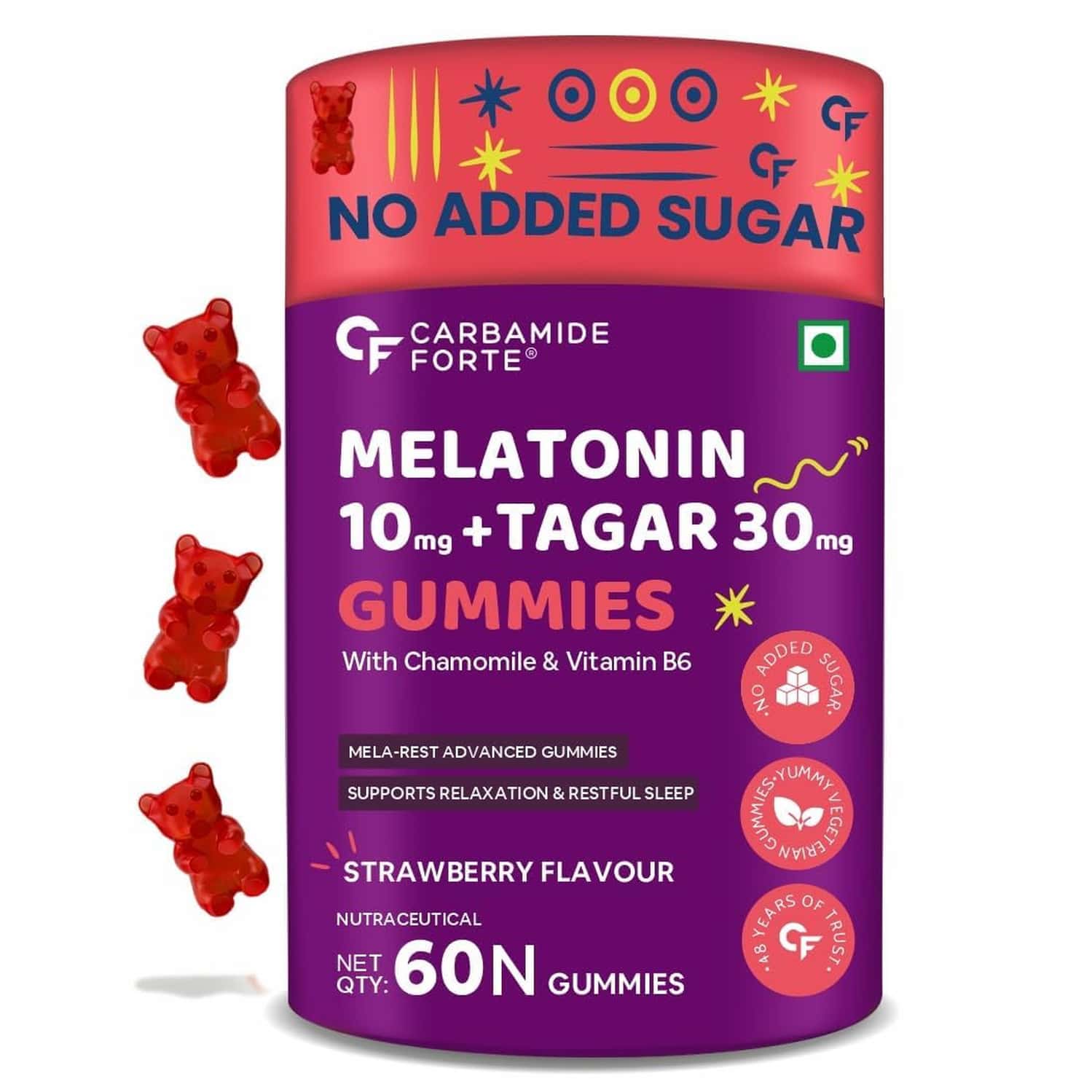 Carbamide Forte Melatonin Gummy - With Tagara | L Tryptophan & Vitamin B6| Sleep Supplement 60 Gummy
