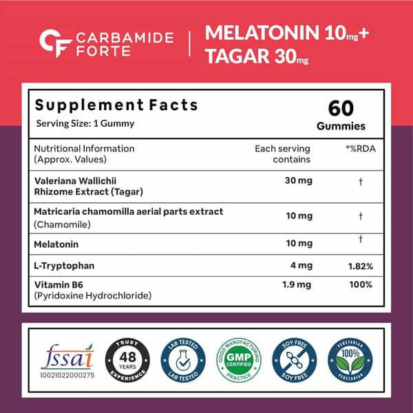 Carbamide Forte Melatonin Gummy - With Tagara | L Tryptophan & Vitamin B6| Sleep Supplement 60 Gummy