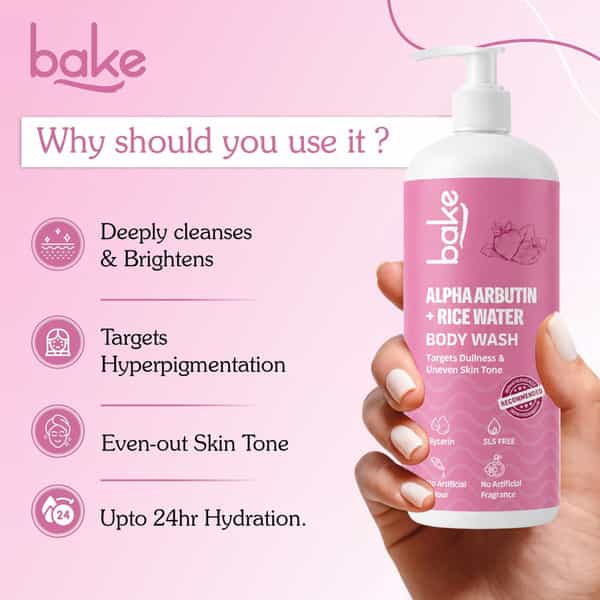 Bake Alpha Arbutin + Rice Water Body Wash | Brightening & Hydrating Cleanser | 500Ml