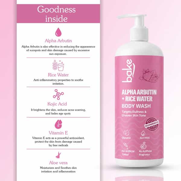 Bake Alpha Arbutin + Rice Water Body Wash | Brightening & Hydrating Cleanser | 500Ml