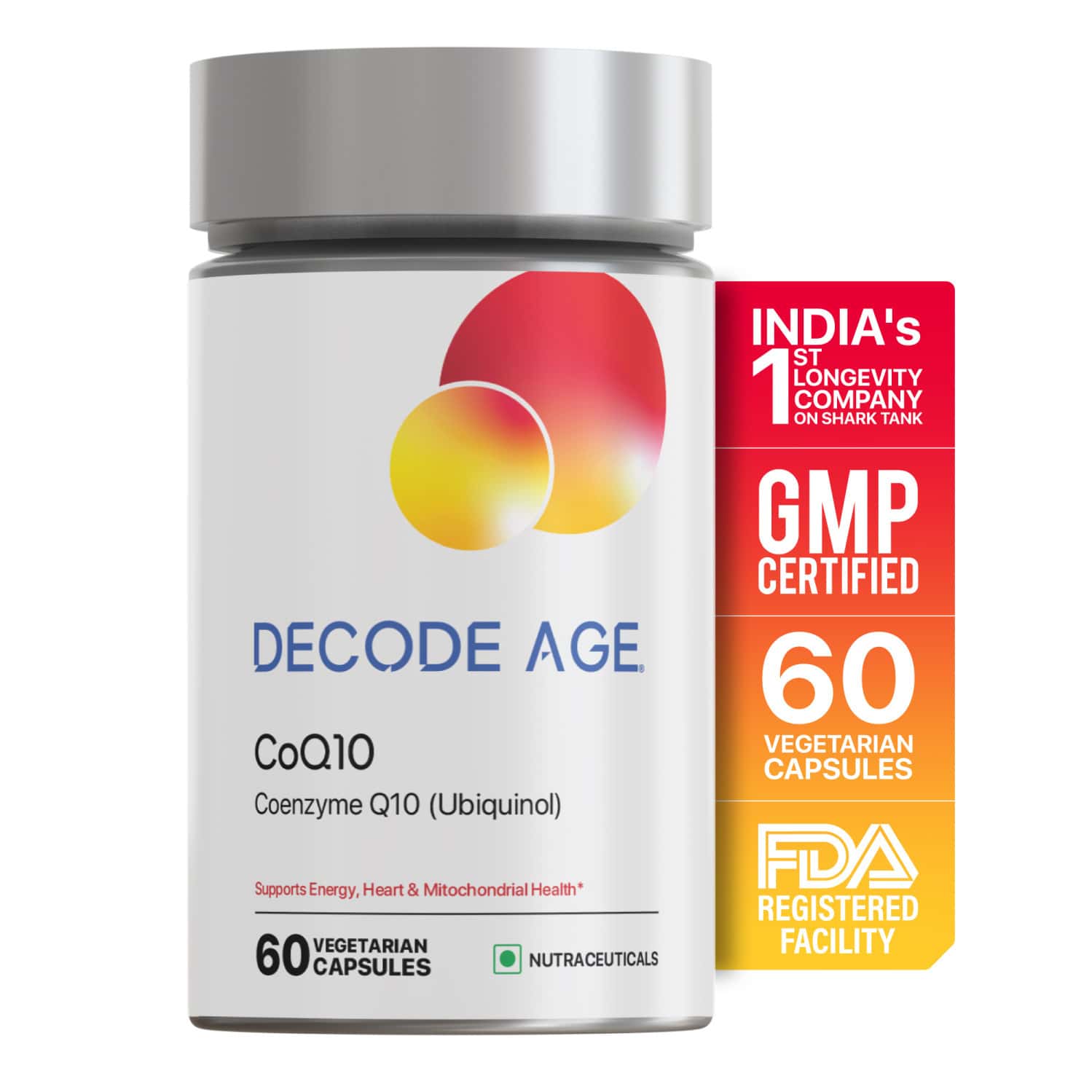 Decode Age Coq10 Ubiquinol Supplement | 99% Pure Coenzyme Q10 With Piperine | 100mg | Veg - 60n