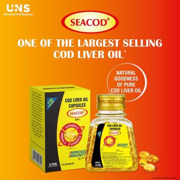 Seacod Pure Cod Liver Oil Capsules 300Mg With Omega 3 | Vitamin A & D | For Kid & Adult 110 Softgels