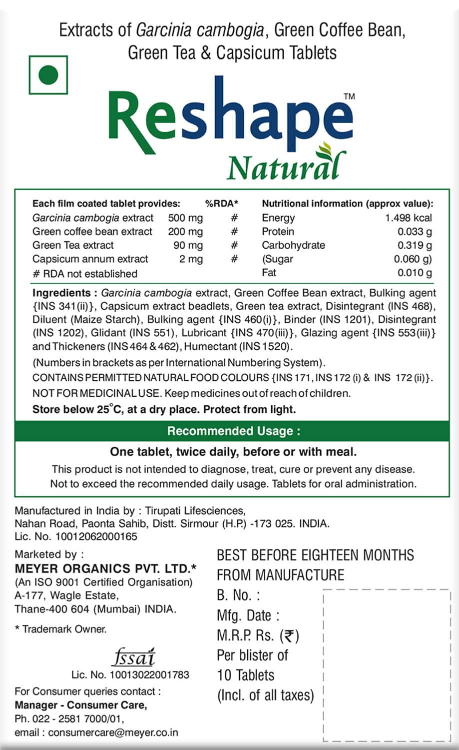 RESHAPE NATURAL HEALTH SUPPLEMENT TABLETS (WITH COFFEE BEAN & GREEN TEA EXTRACTS) 10 TABLETS