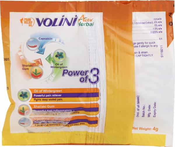 Volini Active Herbal Pain Relief Gel Tube Of 4 Gm