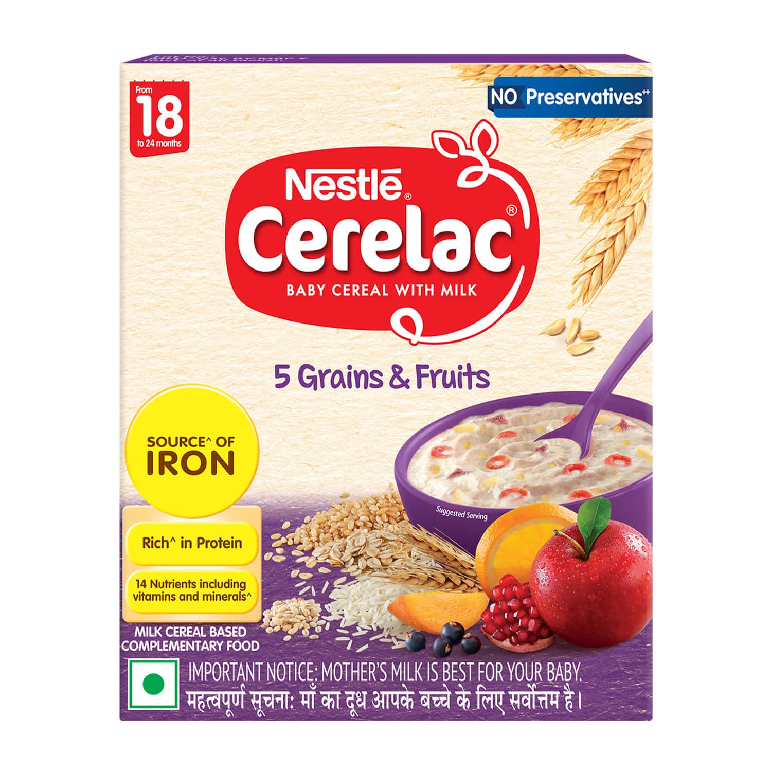 Nestle Cerelac 5 Grains & Fruits Baby Food Cereal | No Preservatives | 18 To 24 Months Baby | 300 G