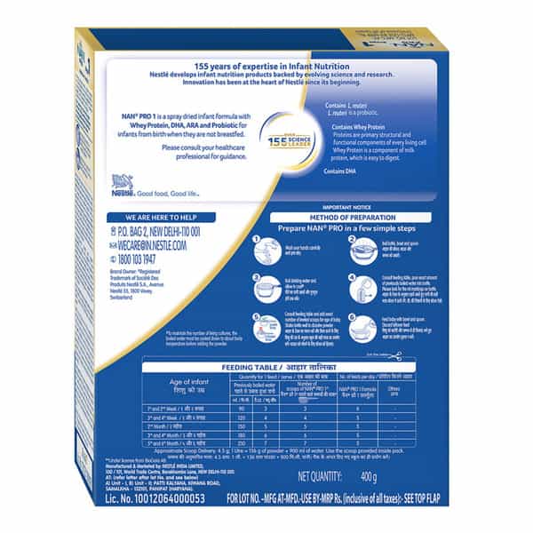 Nestle Nan Pro 1 Infant Formula With Probiotic | Stage 1 Up To 6 Months | 400G Pouch In Box