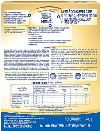 Nestle Nan Pro 1 Infant Formula With Probiotic | Stage 1 Up To 6 Months | 400g Pouch In Box