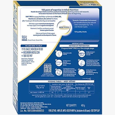 Nestle Nan Pro 3 Follow-Up Formula | Stage 3 For 12-18 Months | 400g Pouch In Box