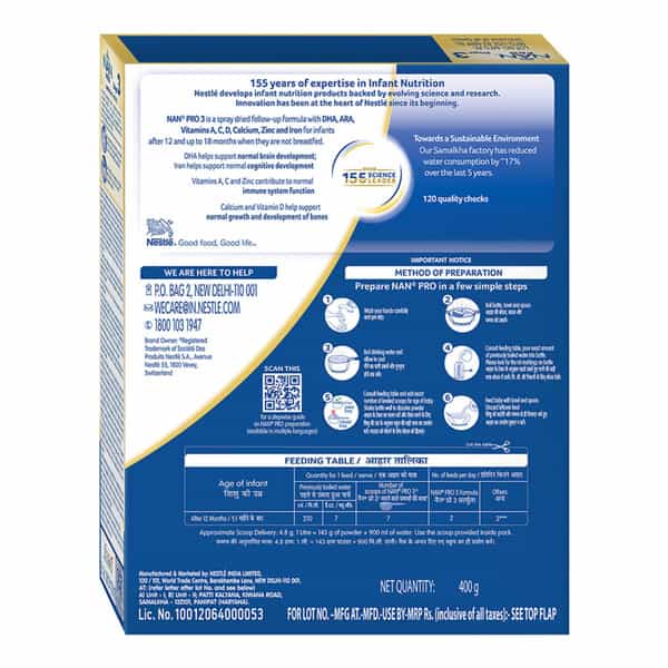 Nestle Nan Pro 3 Follow-Up Formula | Stage 3 For 12-18 Months | 400G Pouch In Box