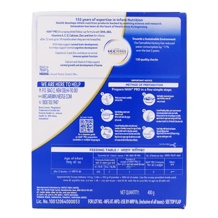 Nestle Nan Pro 3 Follow-Up Formula | Stage 3 For 12-18 Months | 400G Pouch In Box