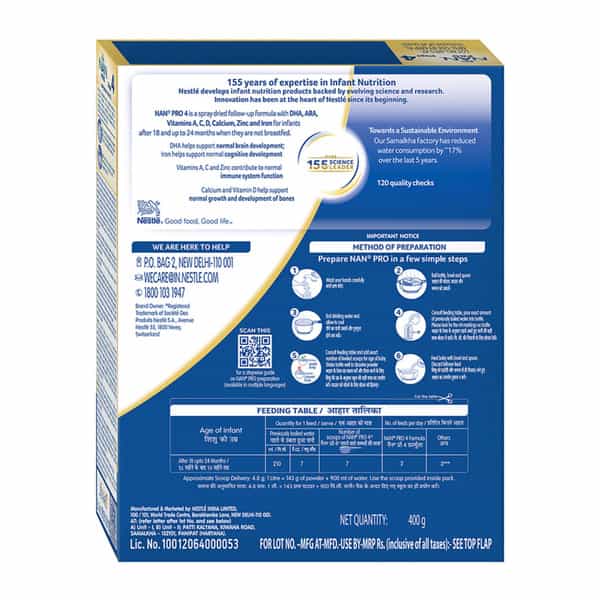 Nestle Nan Pro 4 Follow-Up Formula | Stage 4 For 18-24 Months | 400G Pouch In Box