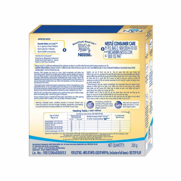 Nestle Nan Lo-Lac Infant Formula Powder | Bag-In-Box Pack | For Infants From Birth Onwards | 200Gm