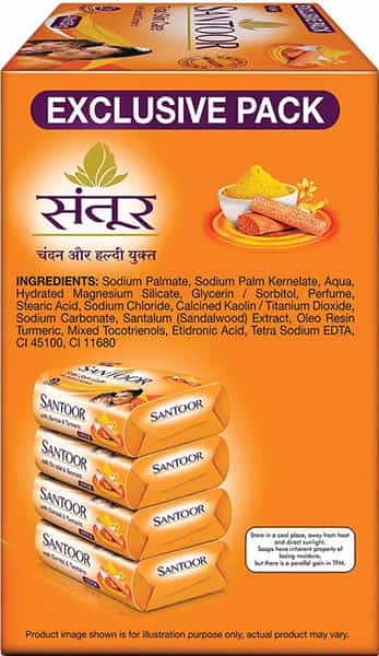 Santoor Sandal And Turmeric Soap (Pack Of 4 Soaps) - 150 Gm Each