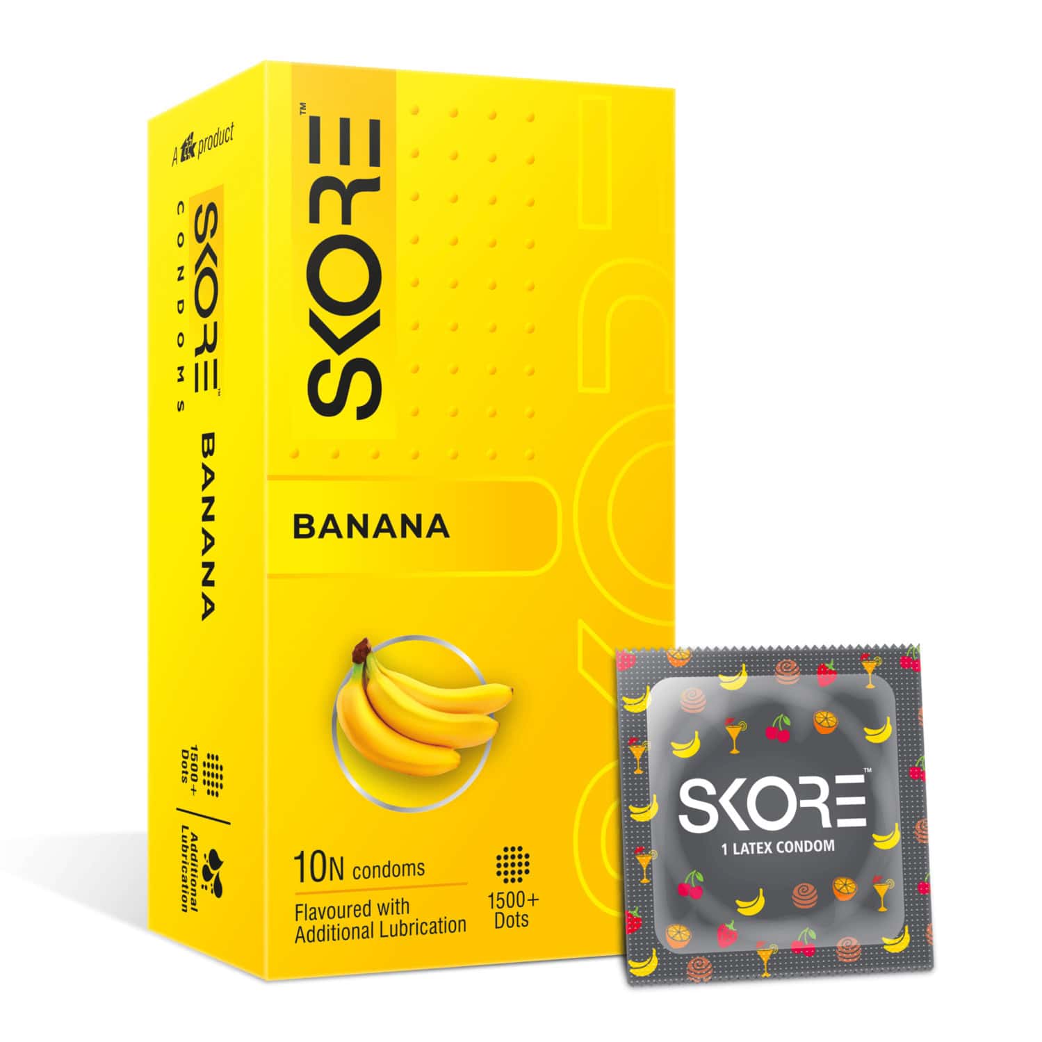 Skore Banana Flavoured With Additional Lubrication 1500+ Dots Condoms 10 No's