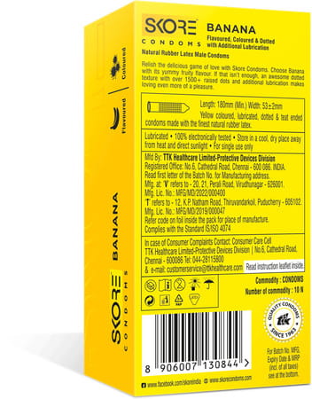 Skore Banana Flavoured With Additional Lubrication 1500+ Dots Condoms 10 No'S
