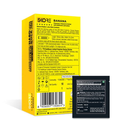 Skore Banana Flavoured With Additional Lubrication 1500+ Dots Condoms 10 No'S