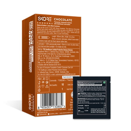 Skore Chocolate Flavoured With Additional Lubrication 1500+ Dots Condom 10 No'S