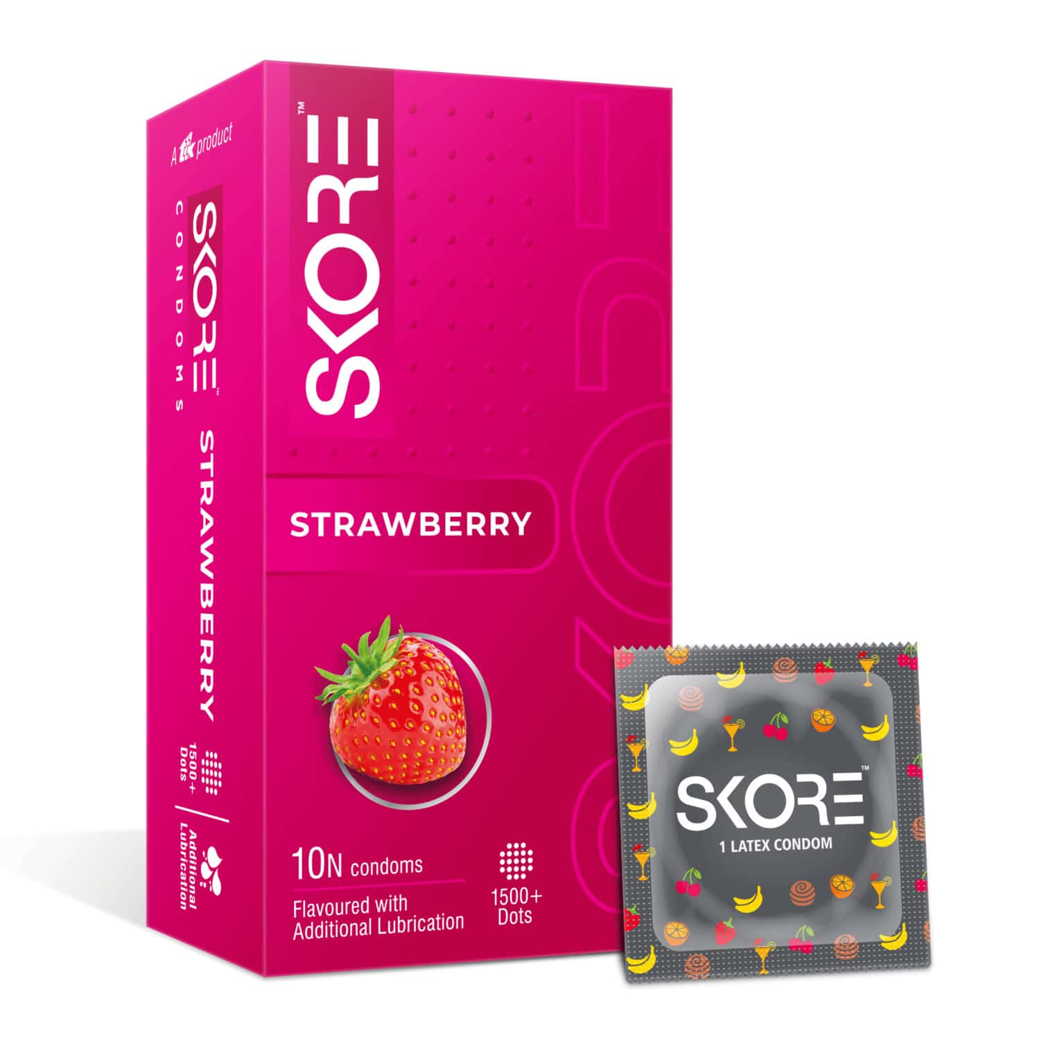 Skore Strawberry Flavoured With Additional Lubrication 1500+ Dots Condom 10 No's