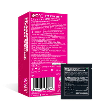 Skore Strawberry Flavoured With Additional Lubrication 1500+ Dots Condom 10 No'S