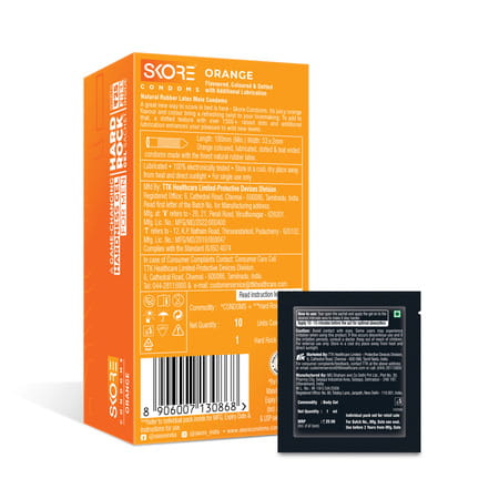 Skore Orange Flavoured With Additional Lubrication 1500+ Dots Condom 10 No'S
