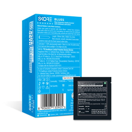 Skore Blues Blue Coloured Box Of 10 Condoms