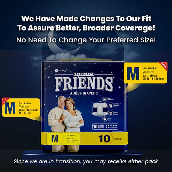 Friends Overnight Adult Diapers Tape Style - 10 Count (M) Waist Size 72 - 130Cm (28.35 - 51.18 Inch)