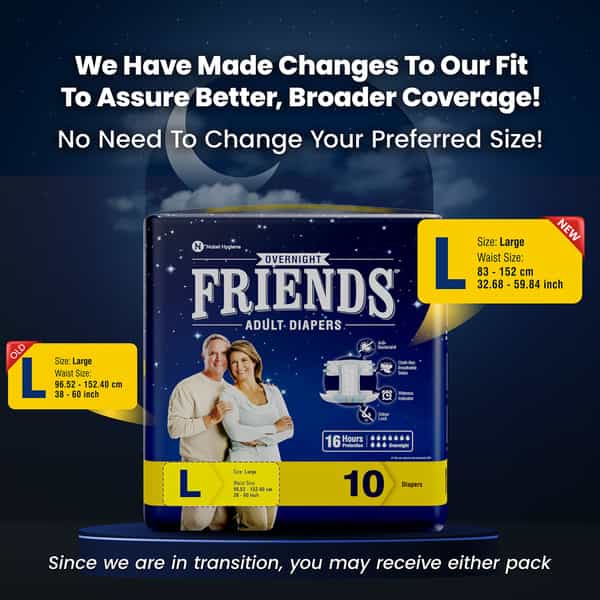 Friends Overnight Adult Diapers Tape Style - 10 Count (L) Waist 83-152 Cm(32.68-59.84 Inch)