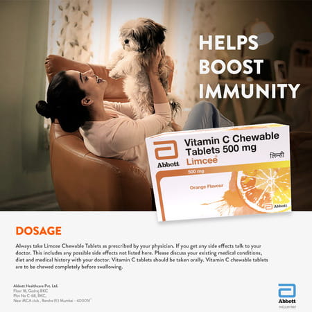 Limcee Chewable Vitamin C 500mg | Tangy Orange | Immunity | Antioxidant & Skin Support | 15 Tablets