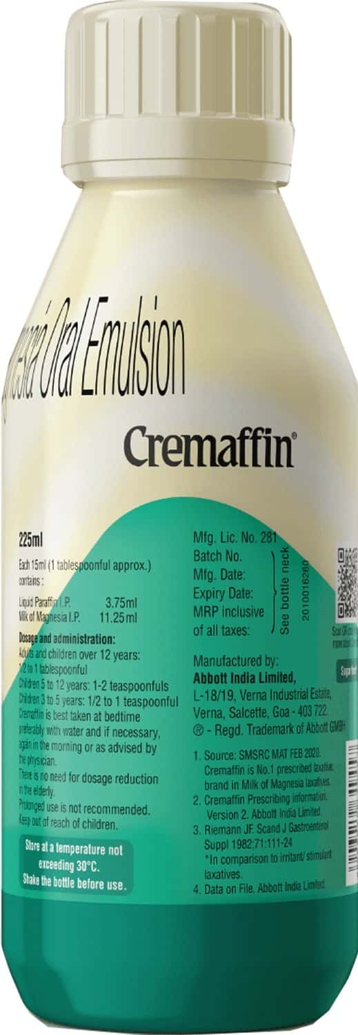 Buy CREMAFFIN CONSTIPATION RELIEF LIQUID MINT 225ML Online & Get Upto