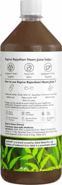 Kapiva Rajasthani Neem Juice 1L| Natural Juice Made From Fresh Neem Leaves | Healthy Hair & Skin